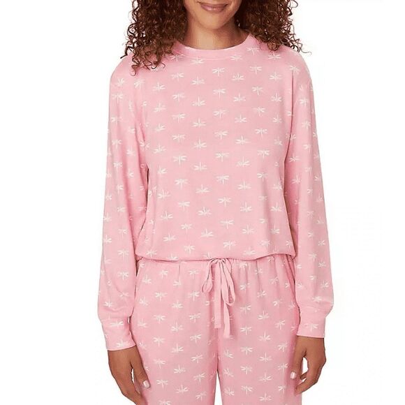 LOFT Ladies 2-Piece Pajama Set Crew Neck Jogger Pink W/Dragonflies Size XS - Picture 2 of 7